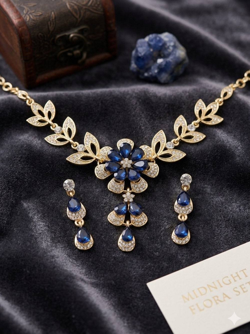 Gold-Plated Blue Glass Crystal Floral Necklace & Earring Set